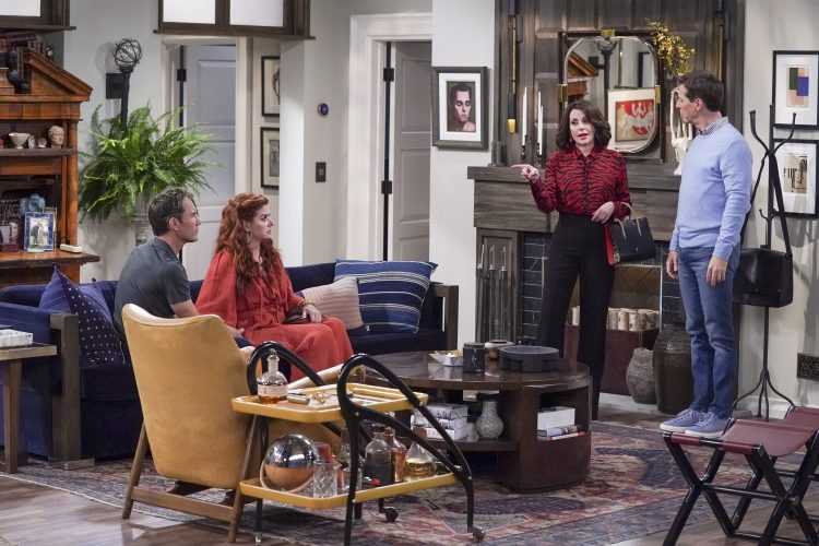 WILL & GRACE -- "Eat, Pray, Love, Phone, Sex" Episode 301 -- Pictured: (l-r) Eric McCormack as Will Truman, Debra Messing as Grace Adler, Megan Mullally as Karen Walker, Sean Hayes as Jack McFarland -- (Photo by: Chris Haston/NBC)